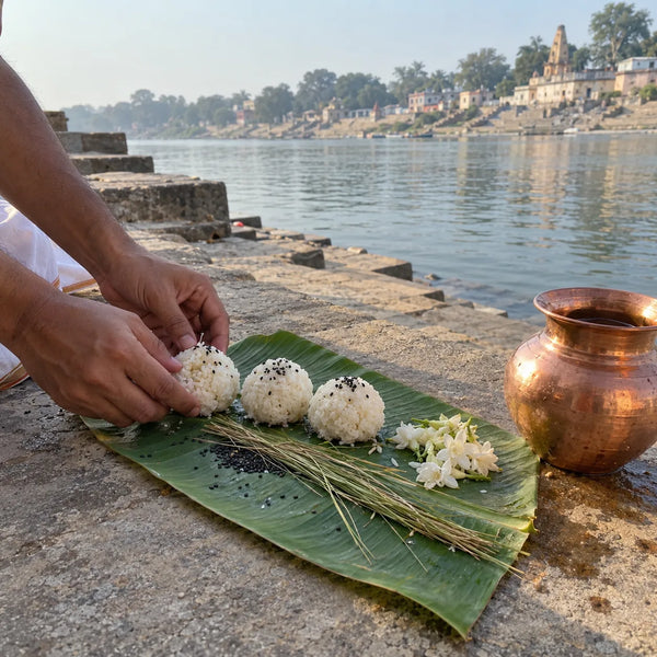 Hands placing three rice pinds on a banana leaf with black sesame, kusha grass and flowers