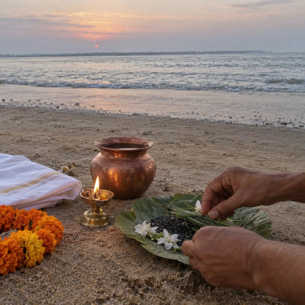 Kusha grass, sesame and a brass lamp on a leaf plate on a sandy shore at dawn
