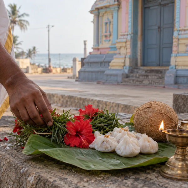 Vinayagar Archana: kozhukattai, durva grass and hibiscus for a Ganesha archana
