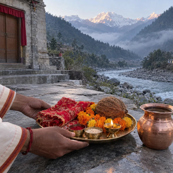 A red chunri, marigold garland and coconut on a brass thali beside a copper kalash