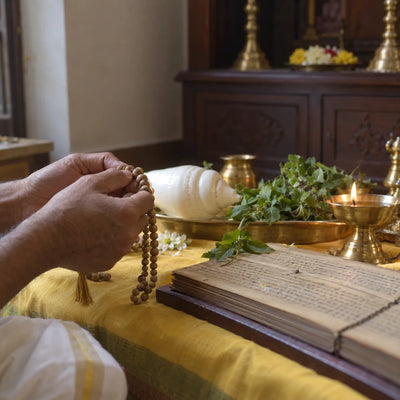 Vishnu Sahasranama Parayanam: a tulasi mala, palm-leaf manuscript and conch for Vishnu Sahasranama