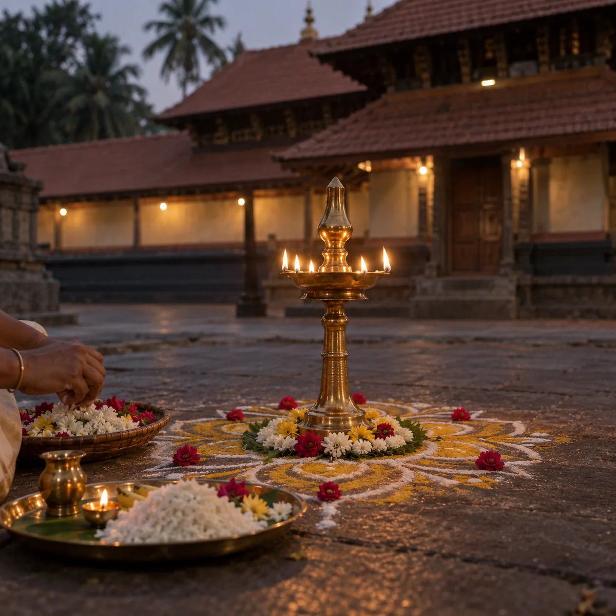 Bhagavathy Seva: a brass lamp on a rice-flour pattern for Bhagavathy seva