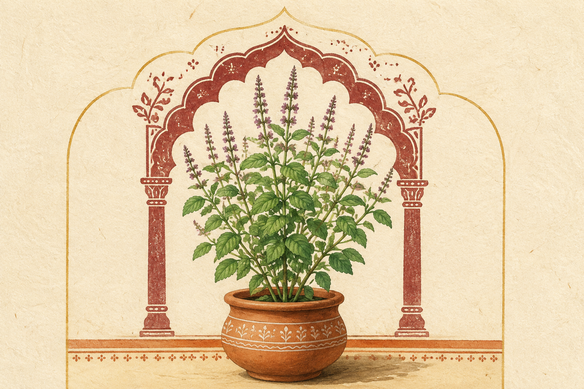 Editorial illustration of a flowering Tulsi plant in a terracotta pot beneath a maroon courtyard arch