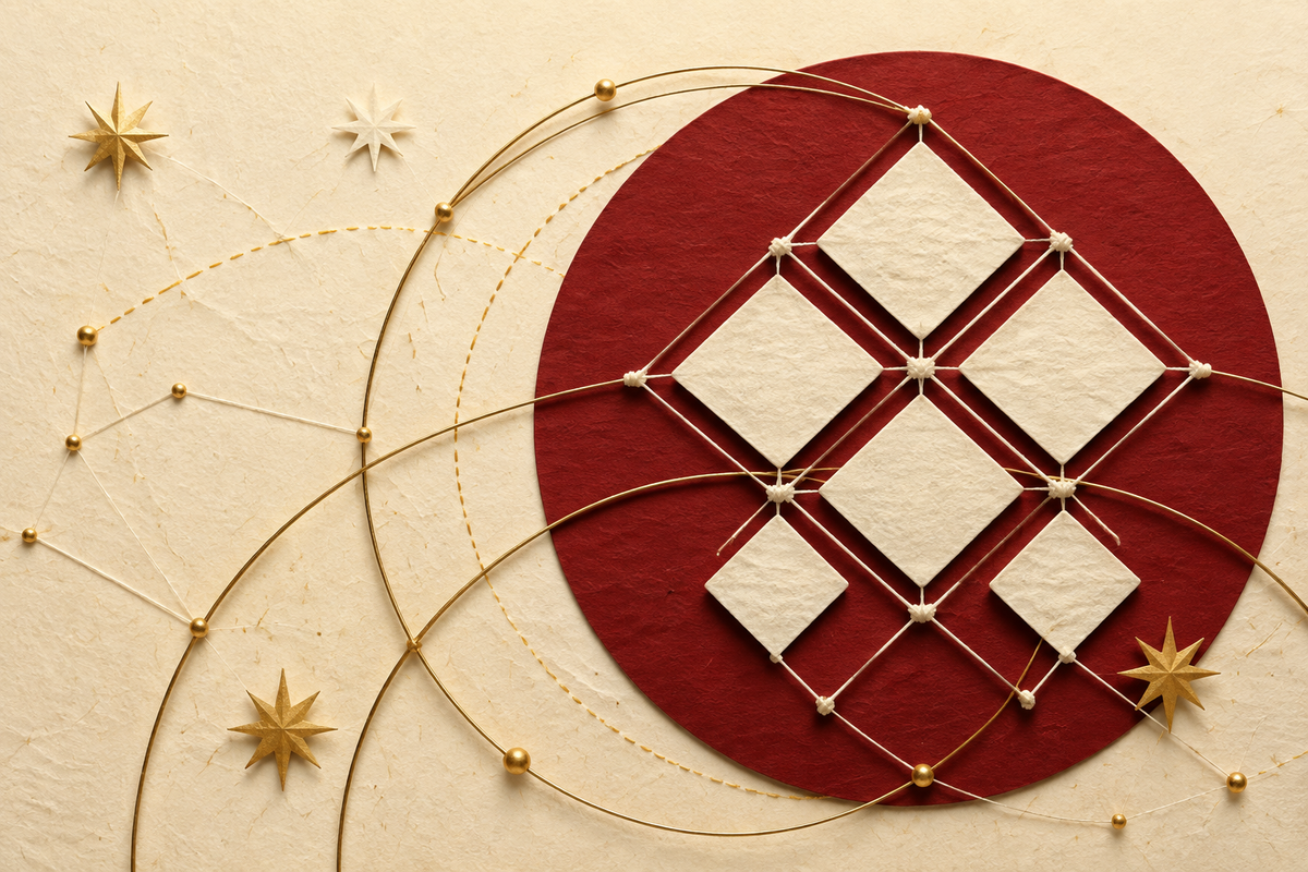 Conceptual illustration of cream paper diamonds, cotton thread and brass orbital arcs on maroon handmade paper, inspired by astrological cycles.