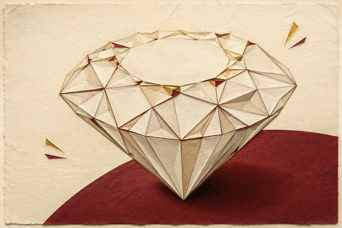 Editorial paper-craft illustration of a faceted diamond in ivory, maroon and antique gold; not a photograph of a gemstone for sale.