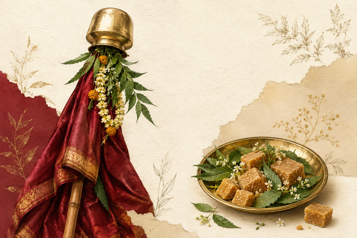 Editorial illustration of a Gudi with an inverted brass kalash and maroon silk, beside neem and jaggery for Ugadi.