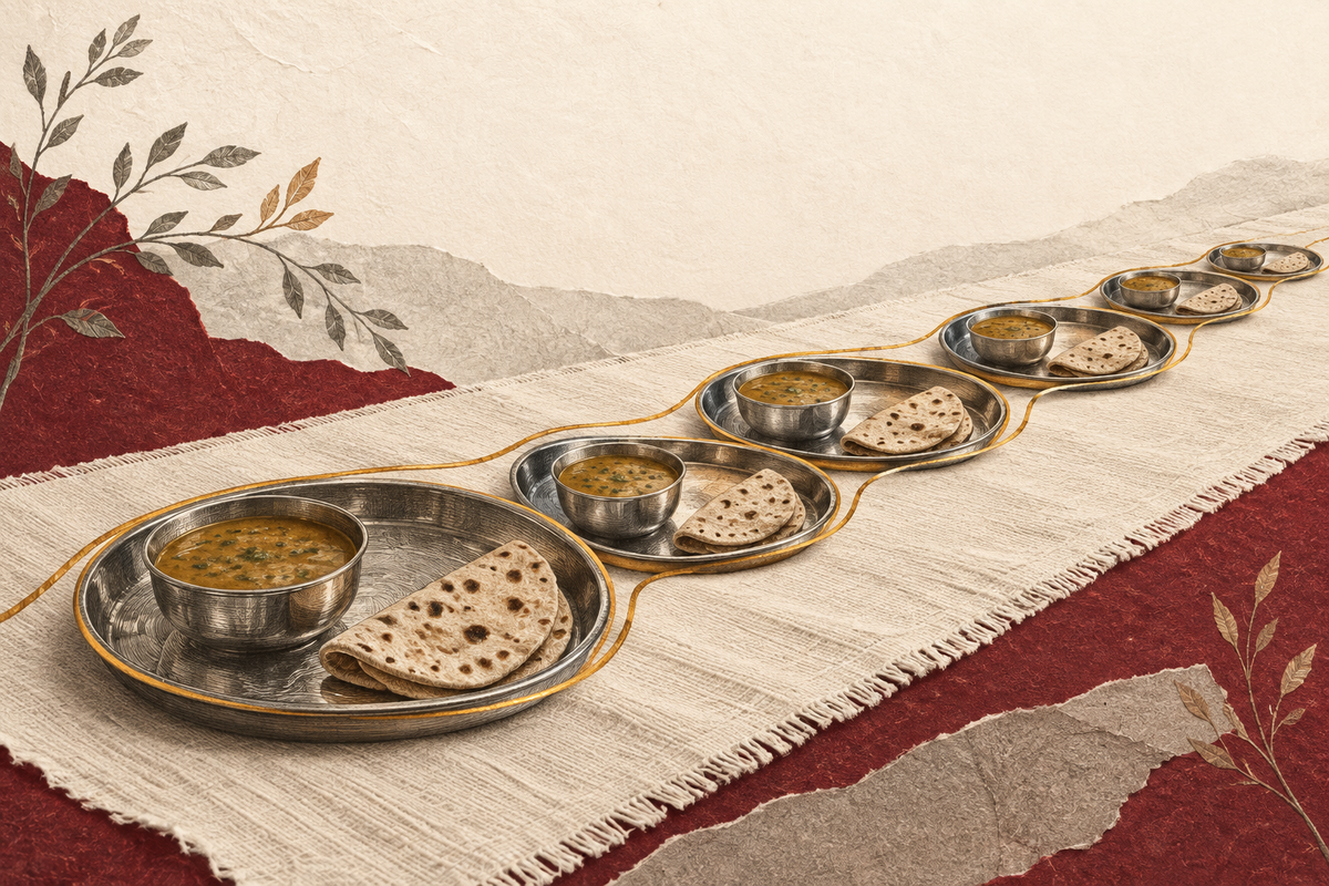 Conceptual editorial illustration of equal steel plates with dal and roti on an ivory cotton runner, inspired by langar and shared service.