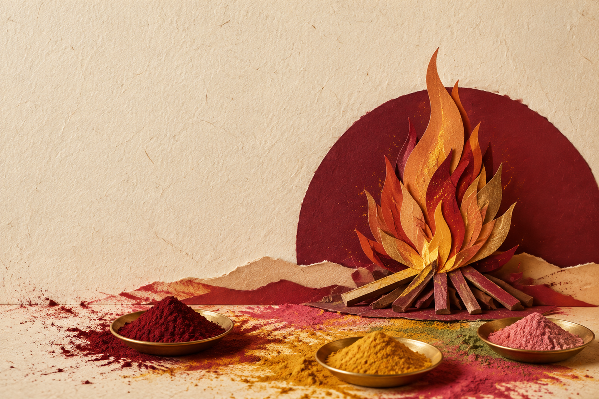 Conceptual Holi and Holika Dahan illustration with coloured powders in brass dishes and a symbolic maroon and gold paper flame on ivory handmade paper.