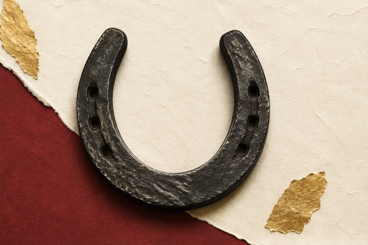 Editorial object study of a black iron horseshoe on ivory and maroon handmade paper with small gold accents.
