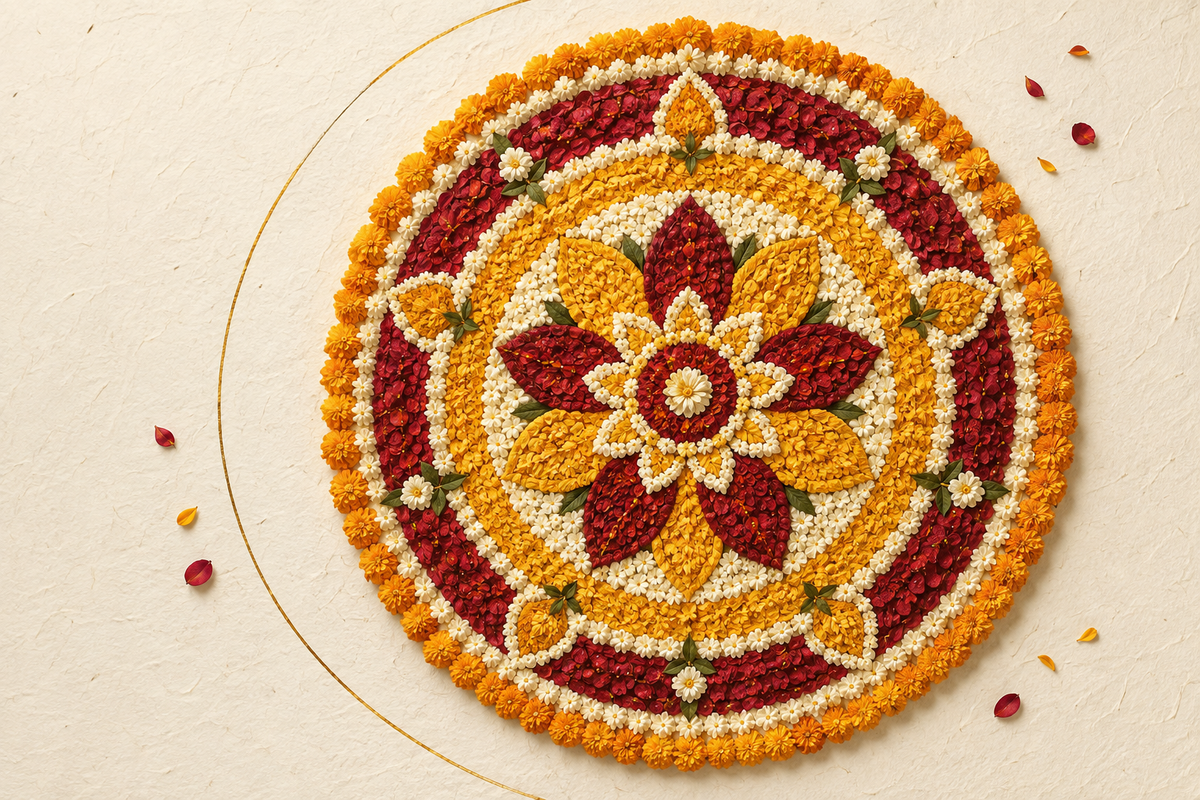 Conceptual Onam pookalam illustration with concentric maroon, marigold-gold and ivory floral patterns on handmade paper.