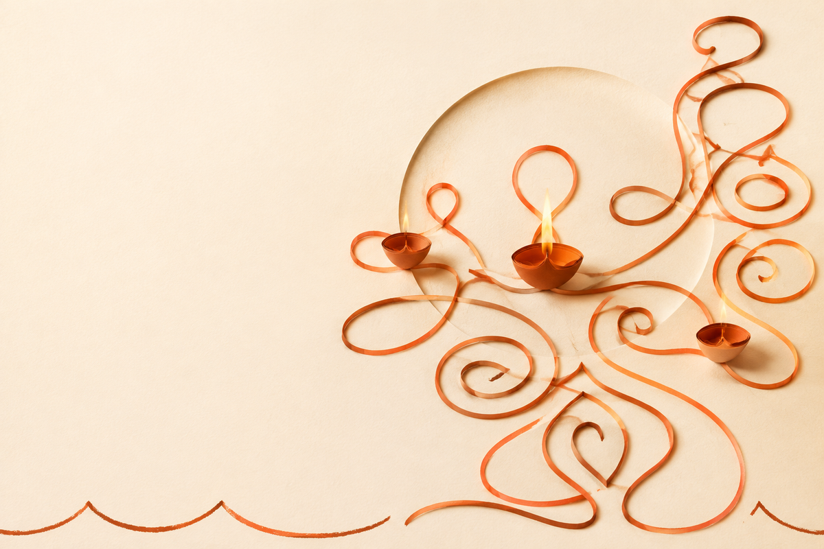 Conceptual illustration of three glowing oil lamps and flowing rangoli ribbons on ivory, evoking home deep daan.