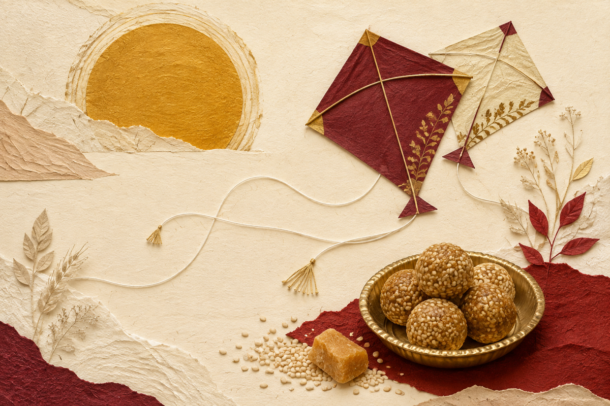 Editorial illustration of paper kites, an antique-gold sun and sesame-jaggery sweets for Makar Sankranti.