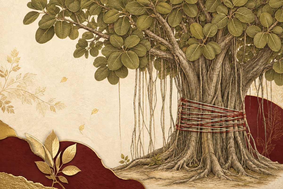 Botanical editorial illustration of a banyan tree with aerial roots and sacred red-and-cream thread wrapped around its trunk.