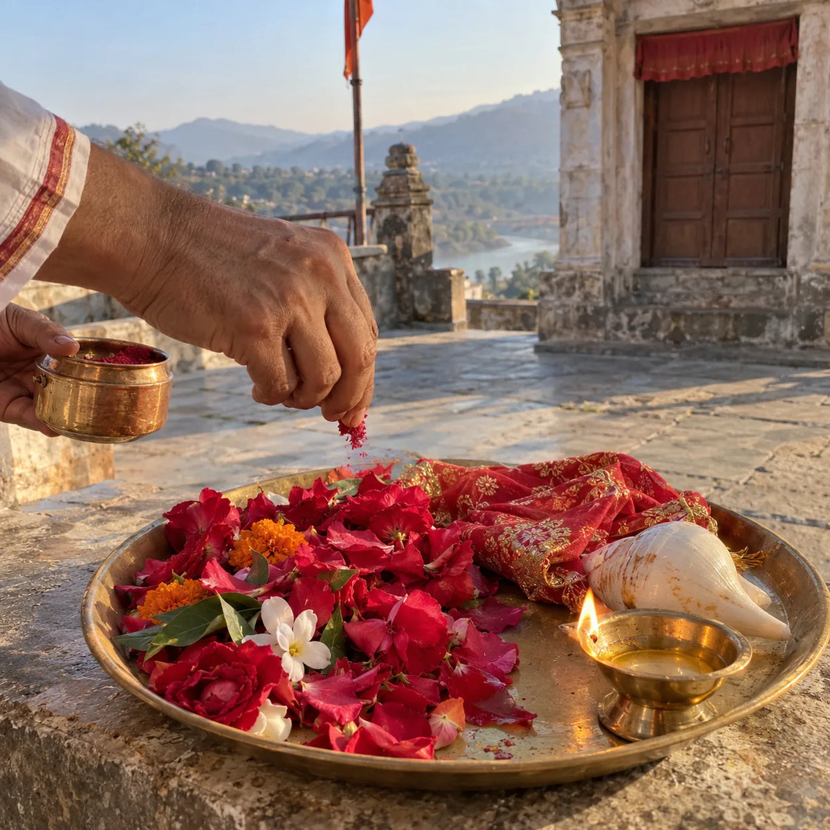 Kumkum and red petals offered on a brass plate beside a red chunri and a conch