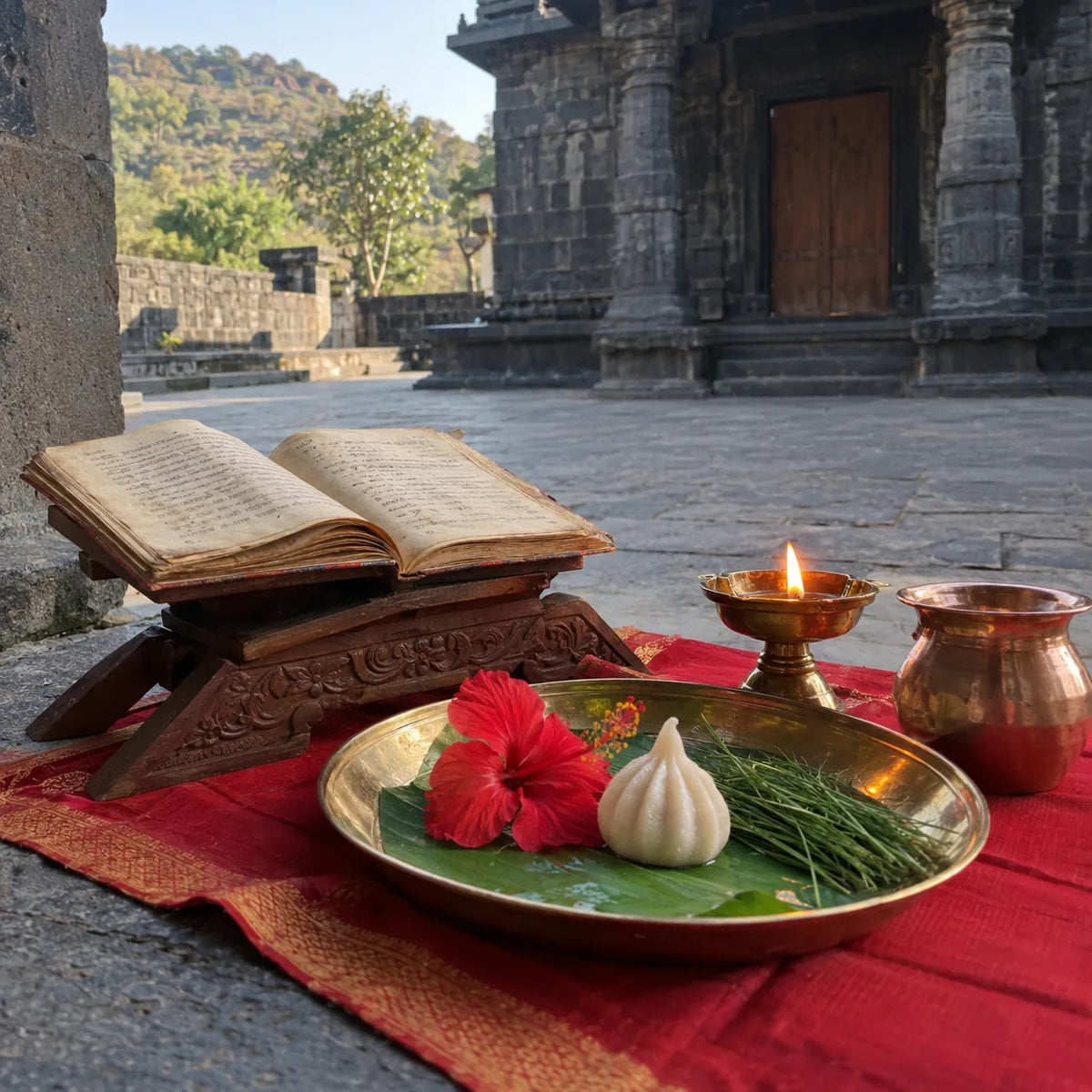 Manuscript on a stand with a diya, hibiscus and durva for Atharvashirsha path