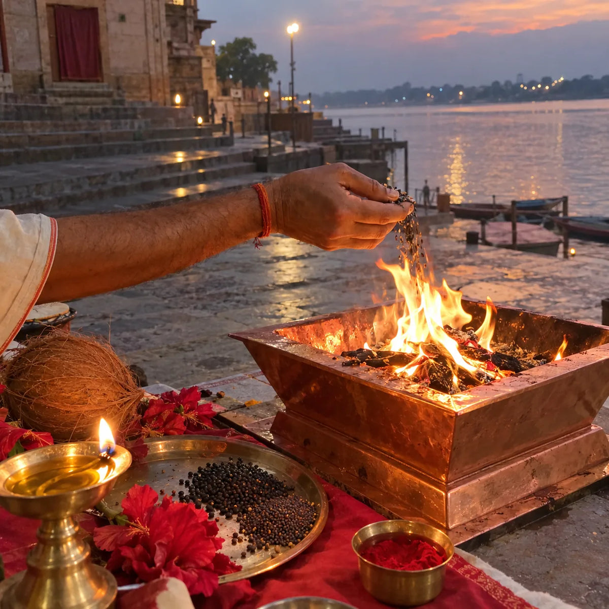 Black urad and mustard seeds offered into a havan fire beside a mustard-oil lamp