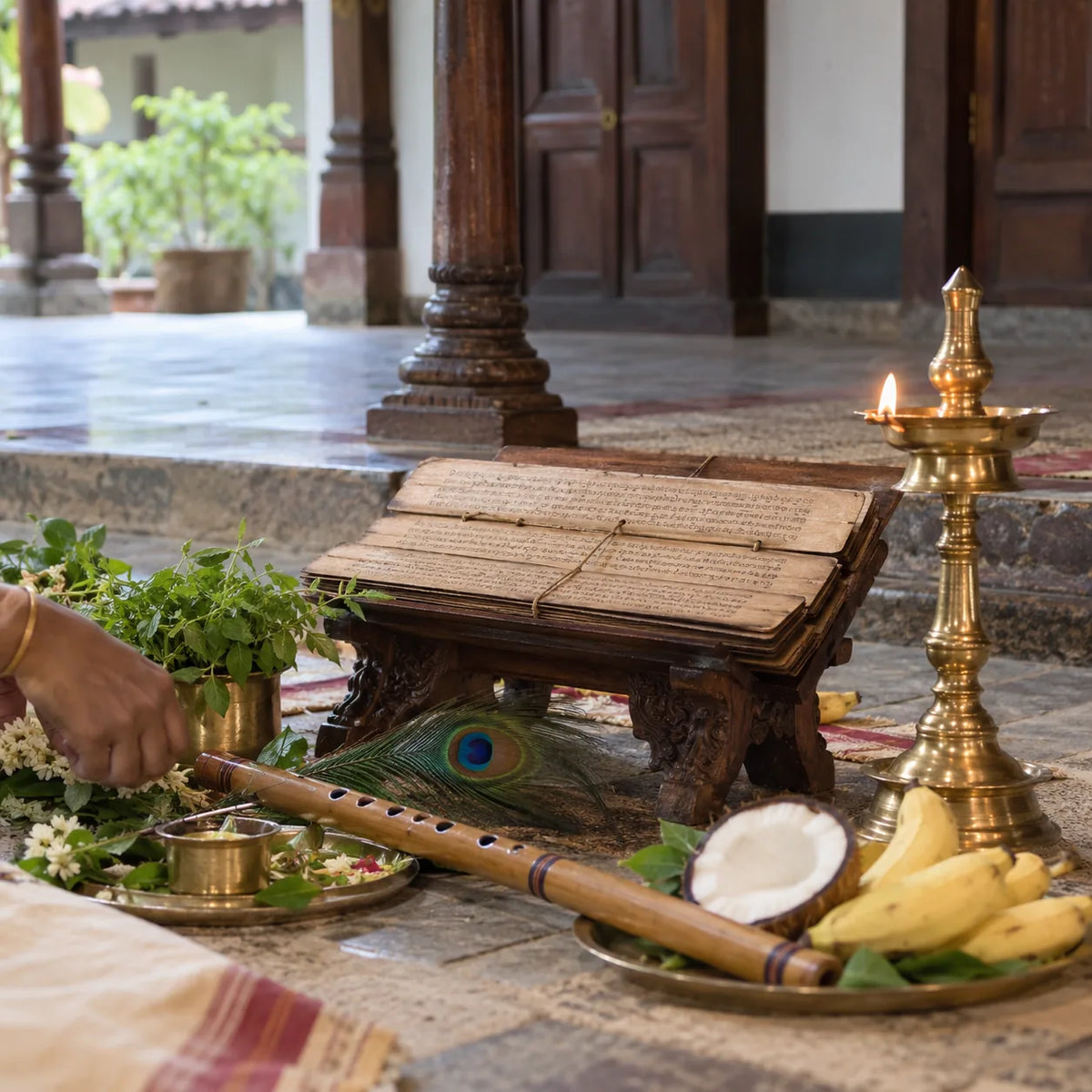Illustration of a devotional manuscript, peacock feather and lamp for Narayaneeyam recitation
