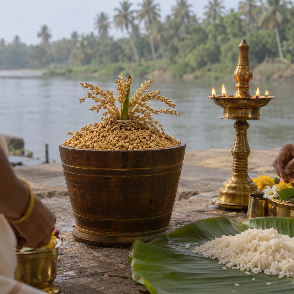 Nirapara Offering: a para filled with paddy beside a brass lamp for nirapara