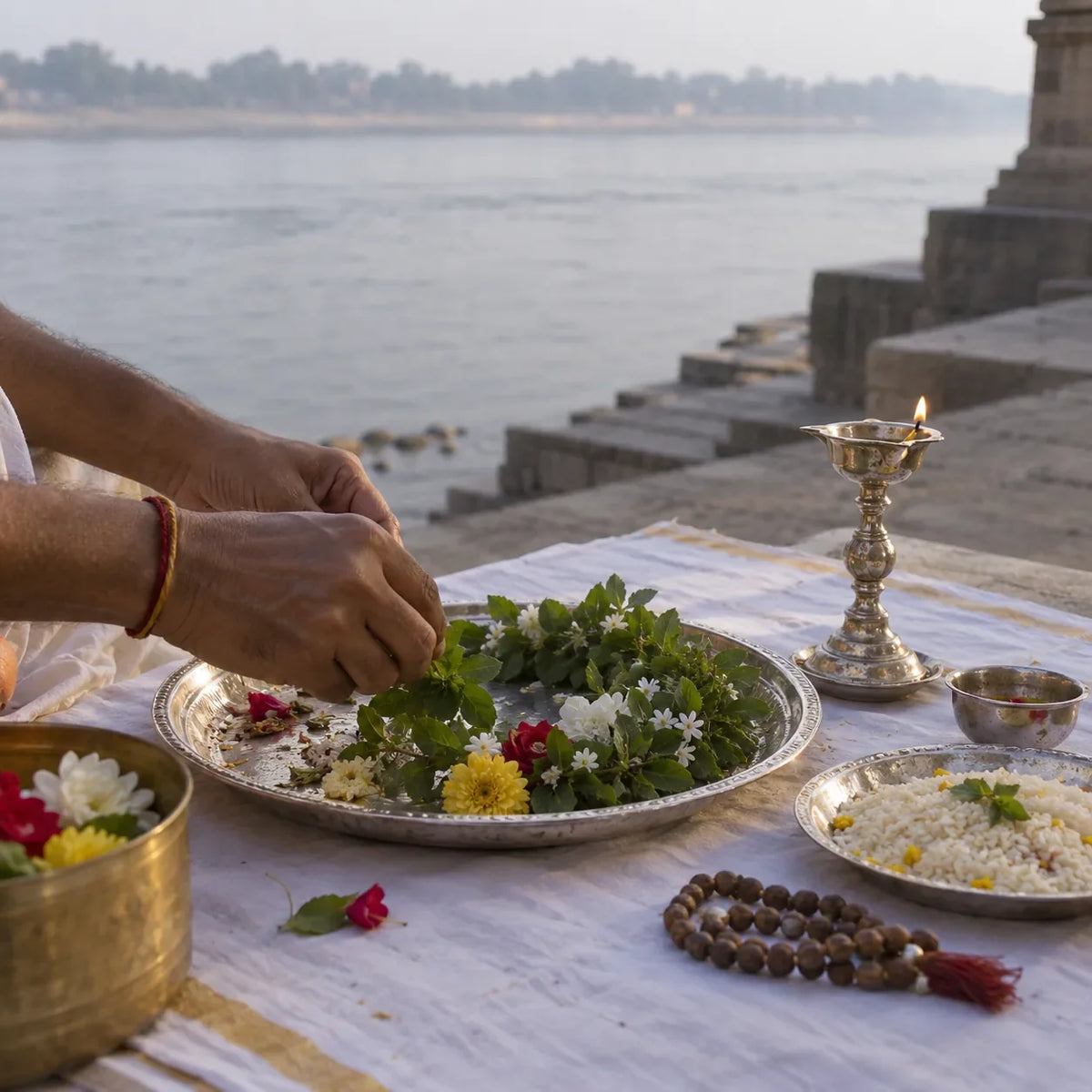 Padapooja: tulasi, flowers and a silver lamp for a padapooja