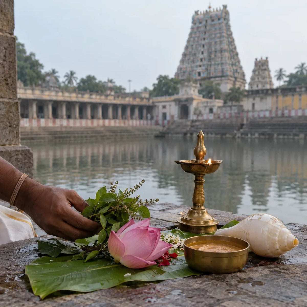 Padmanabhaswamy Archana: tulasi, lotus and a conch on a banana leaf for a Vishnu archana