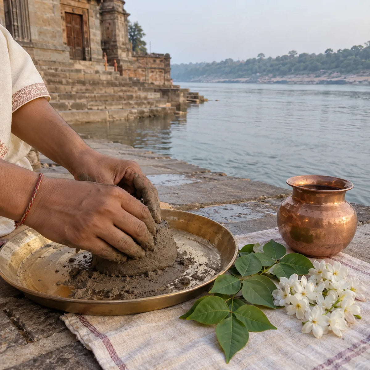 Hands shaping river clay on a brass plate beside bilva leaves, white flowers and a copper lota