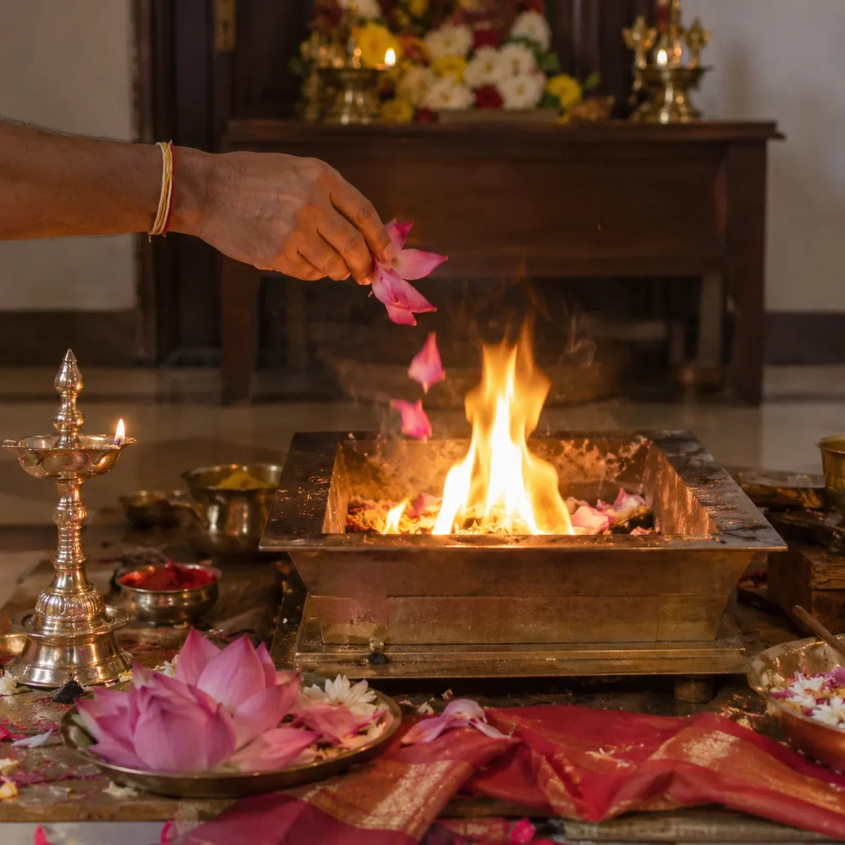 Sri Sukta Homam: lotus petals offered into a homam fire for Sri Sukta homam