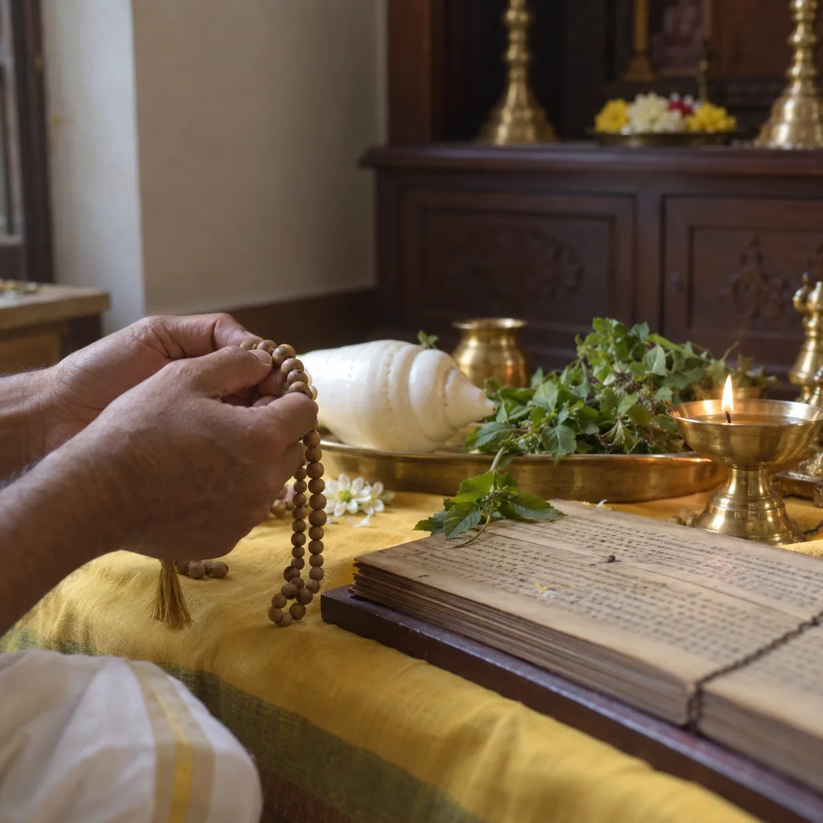 Vishnu Sahasranama Parayanam: a tulasi mala, palm-leaf manuscript and conch for Vishnu Sahasranama