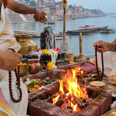 Havan fire and milk abhishek on a Shivling with rudraksha malas