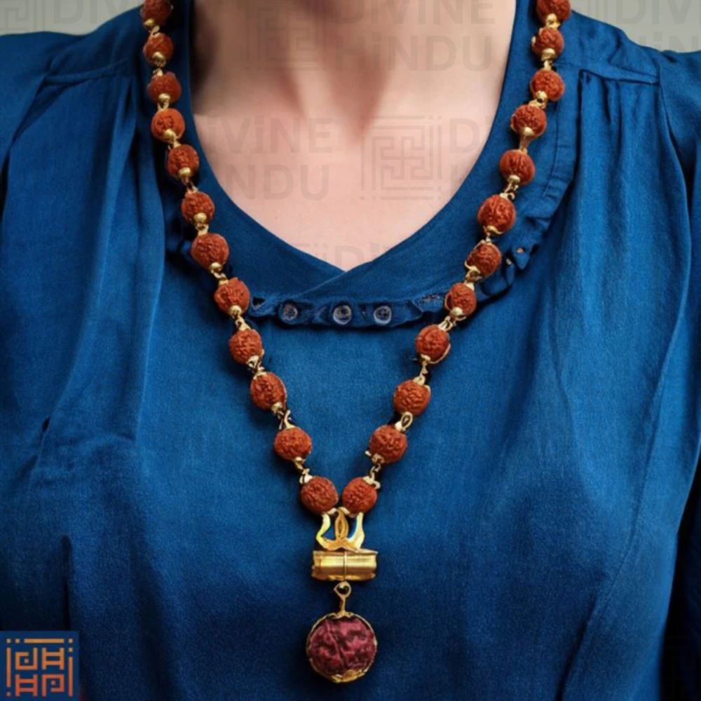 Gold-Plated Rudraksha Shiva Damroo Trishool Necklace