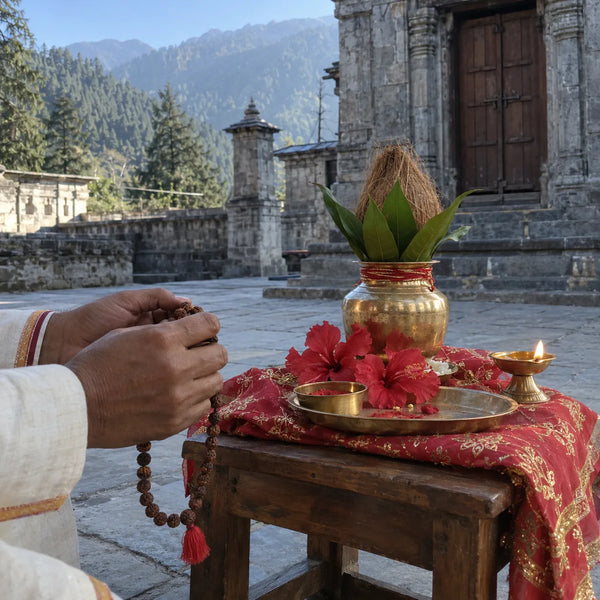 A rudraksha mala, a kalash with a coconut, red hibiscus and a ghee lamp in the hills