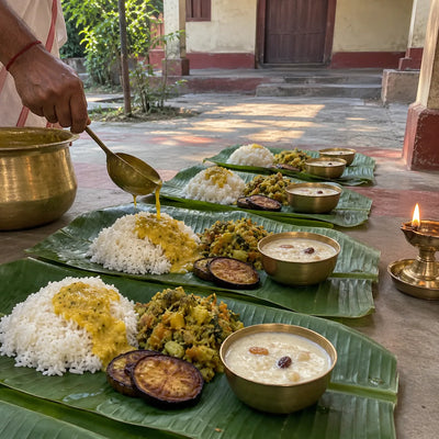 Banana-leaf plates of rice, dal and payesh served for Brahmin bhojan