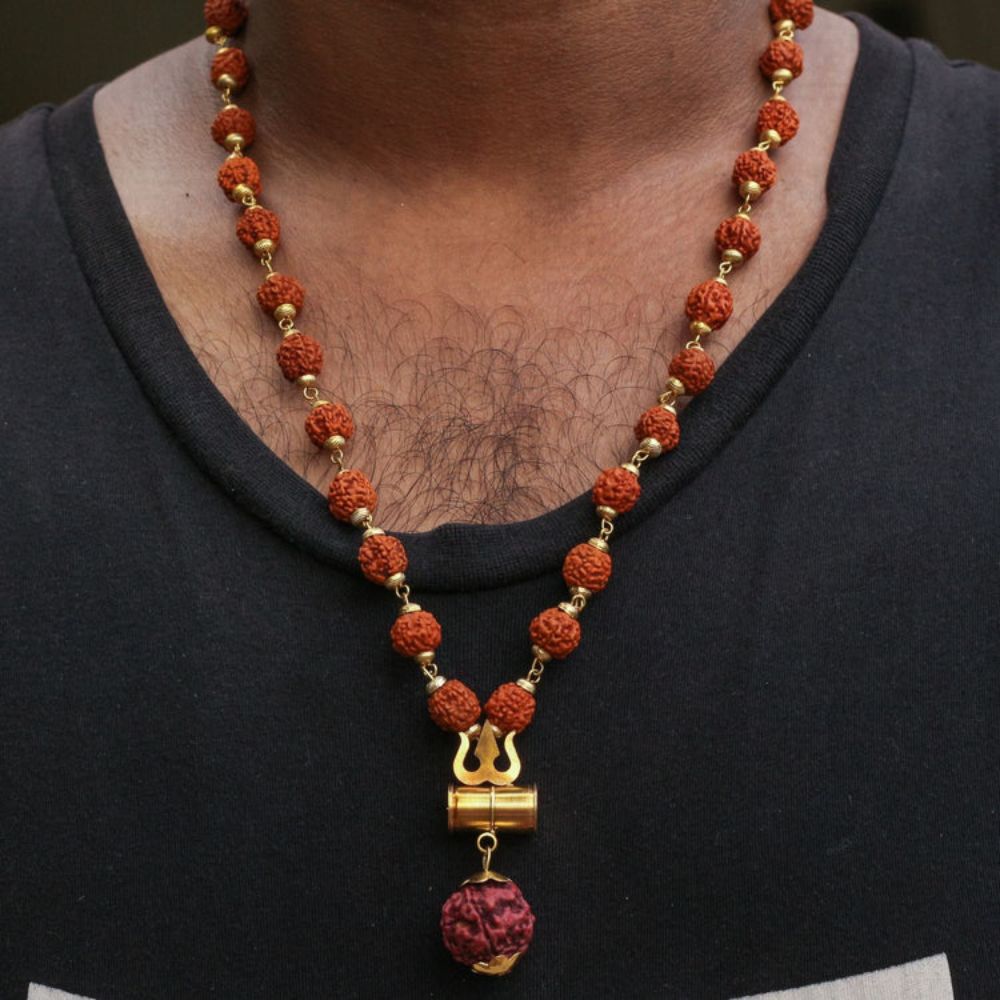 Gold-Plated Rudraksha Shiva Damroo Trishool Necklace