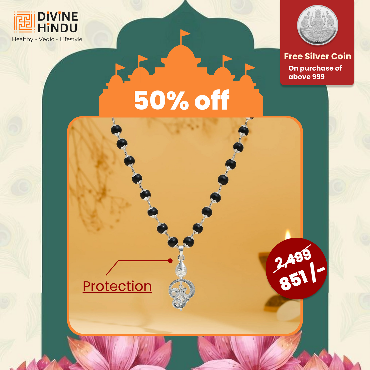 Lord Murugan Vel Pendant | Silver Cap Karungali Mala