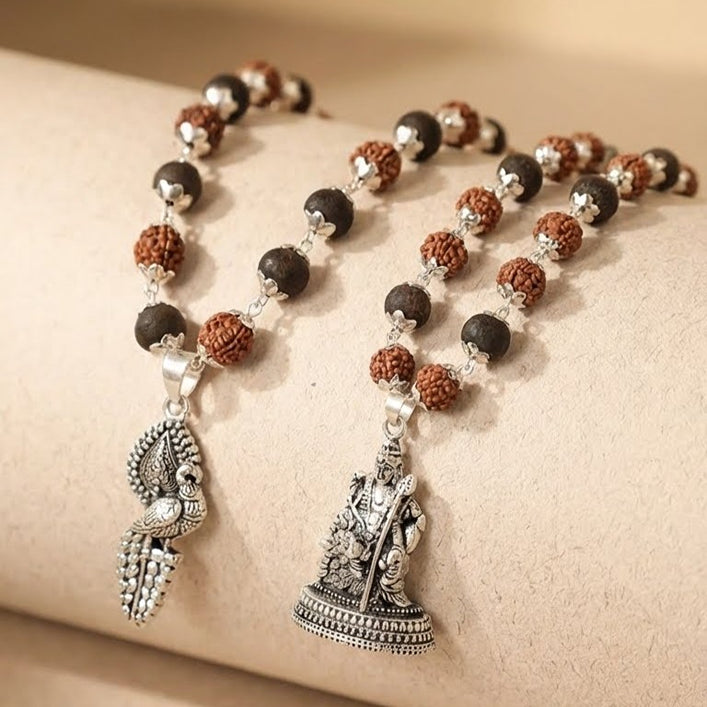 Karthikeya Shanti Set: Wrapped Karungali-Rudraksha Malai with Murugan Base & Peacock Vel Pendant