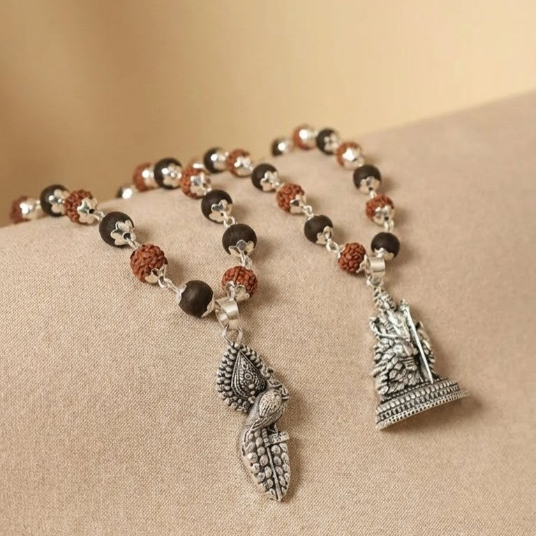 Karthikeya Shanti Set: Wrapped Karungali-Rudraksha Malai with Murugan Base & Peacock Vel Pendant