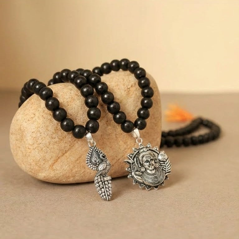 Murugan Raksha Duo: Face Pendant & Peacock Vel Karungali Malai