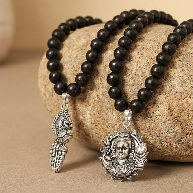 Murugan Raksha Duo: Face Pendant & Peacock Vel Karungali Malai