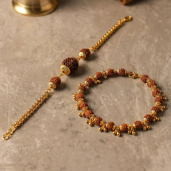 Shiva-Shakti Duo: Rudraksha Link Chain & Gold-Finish Bracelet