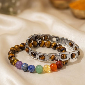 Vigraha Shakti Combo: Tiger Eye Link Chain & 7 Chakra Crystal Bracelet Set
