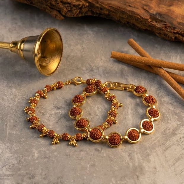 Lakshmi-Rudra Sangam: Gold-Plated Round Rudraksha & Elegant Stree-Shakti Bracelet Duo