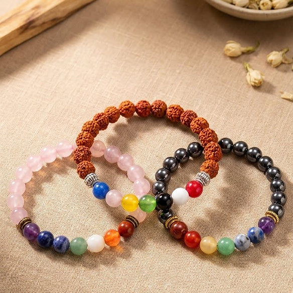 Chakra Trinity Combo: Tourmaline, Rose Quartz & 7 Chakra Rudraksha Trio
