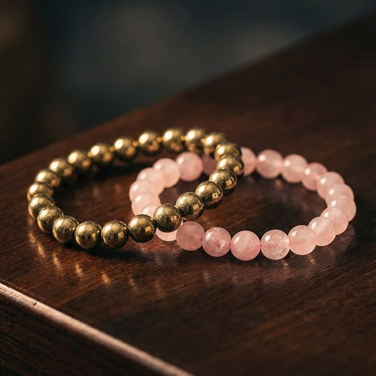 Golden Pyrite Stone Wealth Bracelet & Rose Quartz Bracelet Combo for Love and Prosperity