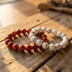 Howlite Stone Bracelet & Red Jasper Bracelet Combo for Calmness and Strength