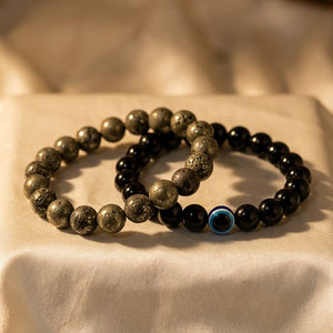 Raw Pyrite Stone Bracelet & Black Obsidian Evil Eye Bracelet Combo