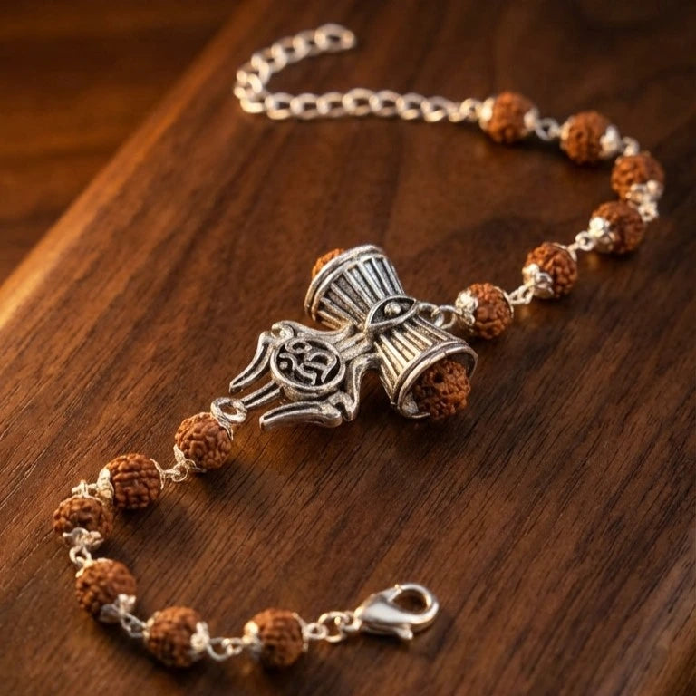 Silver Cap Rudraksha Bracelet with Trishul Damroo