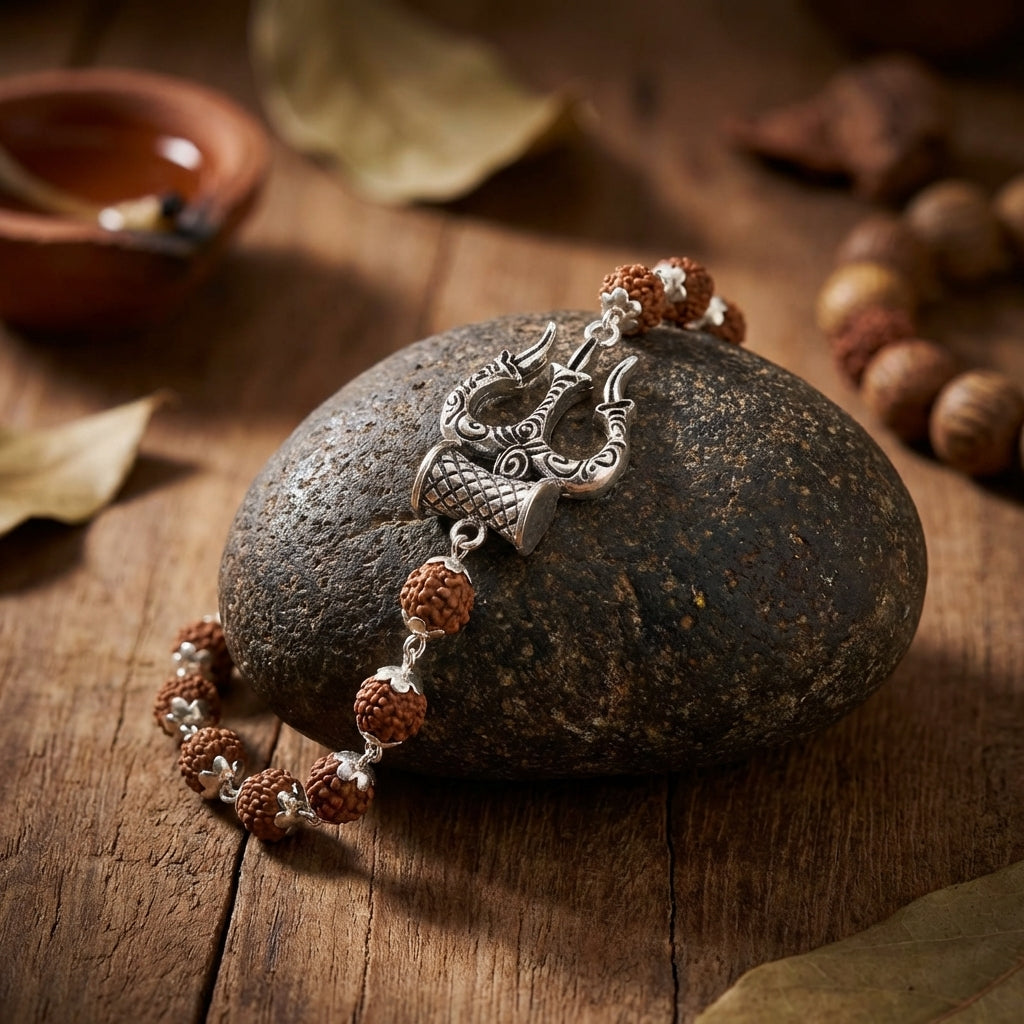 Silver Cap Rudraksha Bracelet with Trishul Damroo