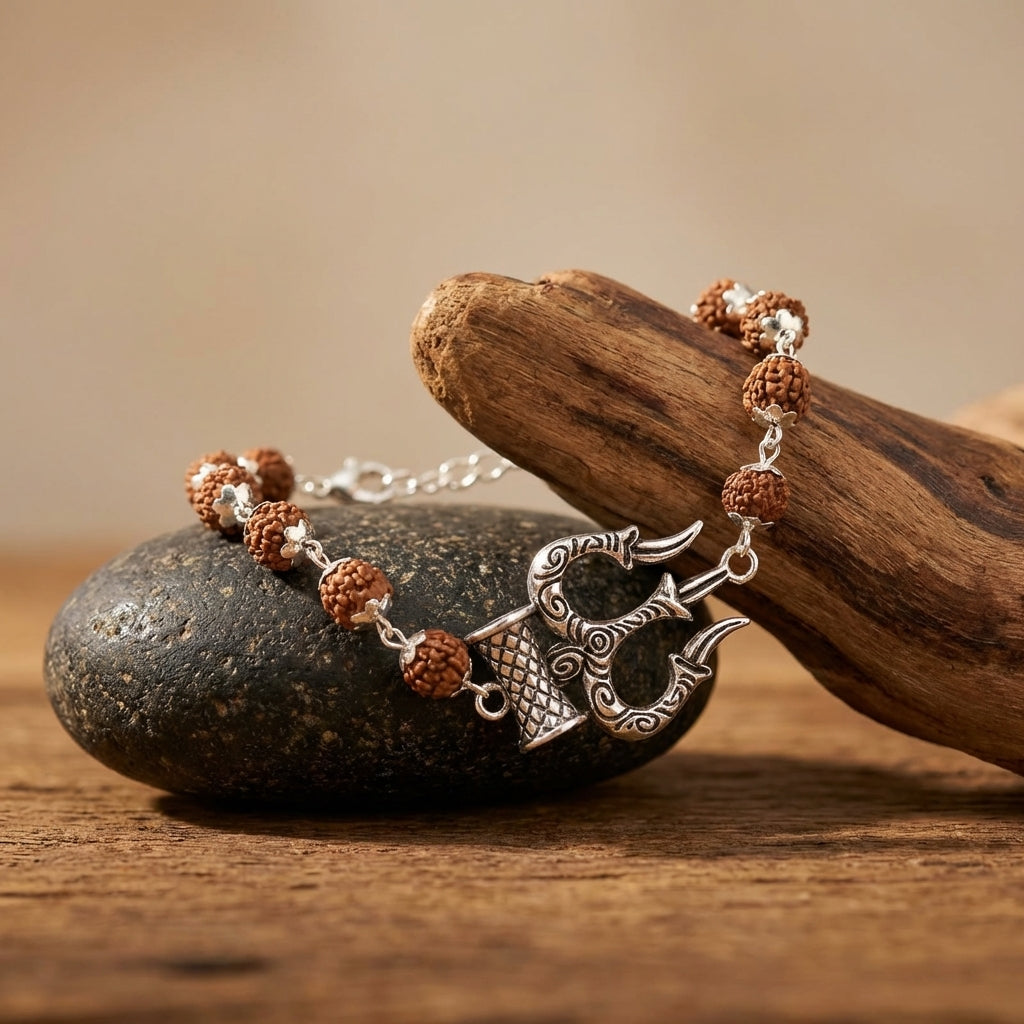 Silver Cap Rudraksha Bracelet with Trishul Damroo