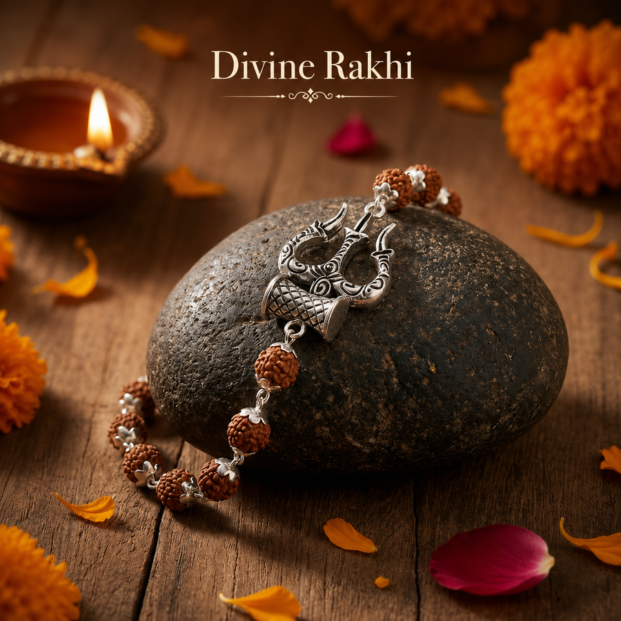 Silver Cap Rudraksha Rakhi Bracelet with Trishul Damroo