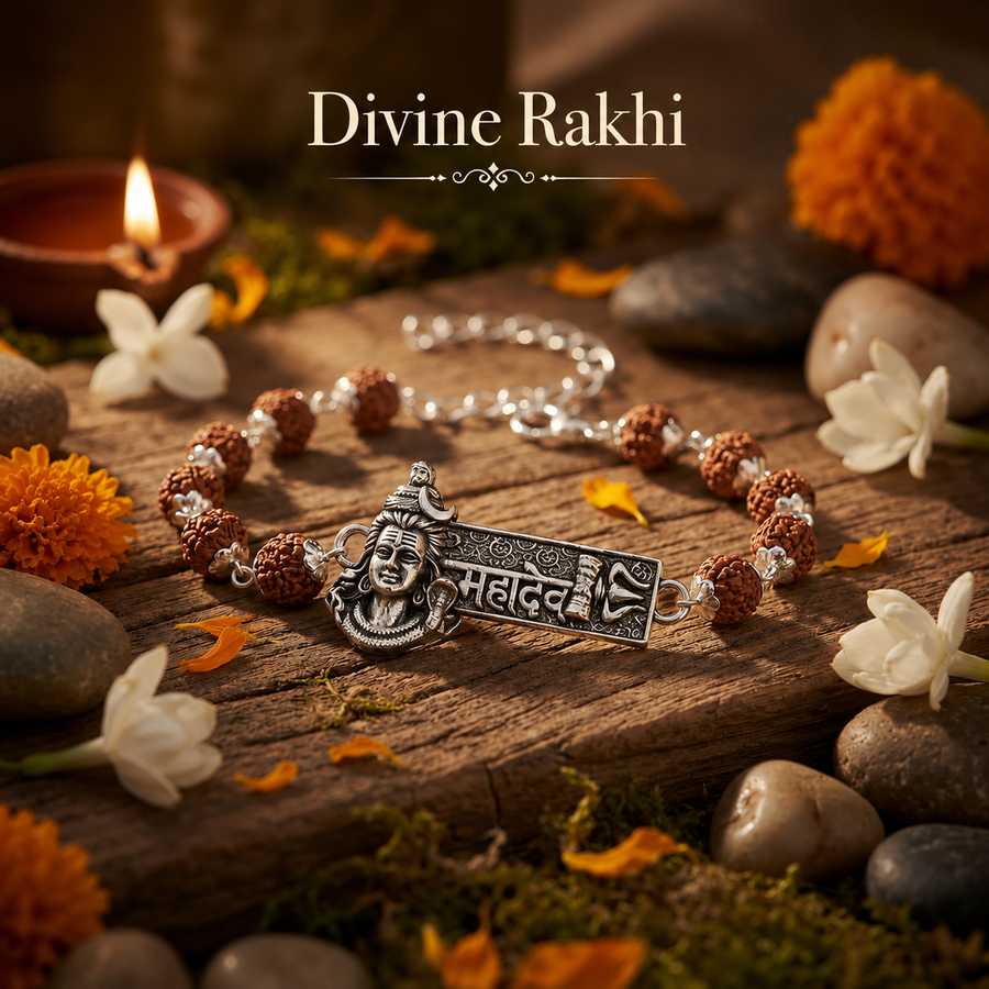 Rudraksha Silver Cap Mahadev Rakhi Bracelet