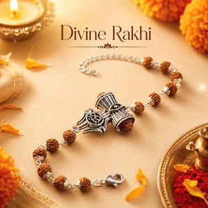 Silver Cap Rudraksha Rakhi Bracelet with Trishul Damroo